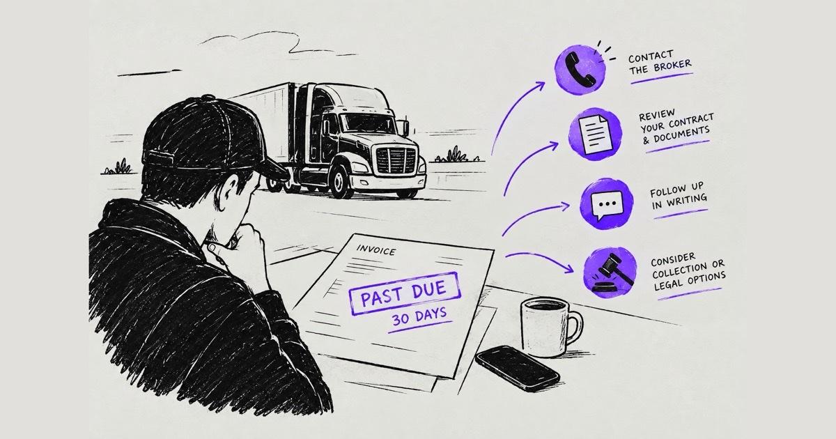 Ink illustration of a carrier looking at an invoice stamped past due thirty days, beside four escalation steps: contact the broker, review your contract and documents, follow up in writing, and consider collection or legal options