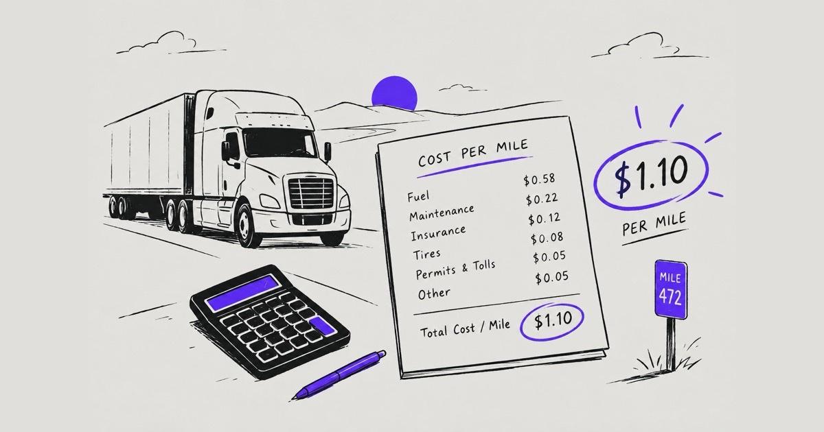 Ink illustration of a tractor-trailer beside a cost per mile worksheet breaking out fuel, maintenance, insurance, tires, permits and tolls into a total per mile, with a calculator on the desk