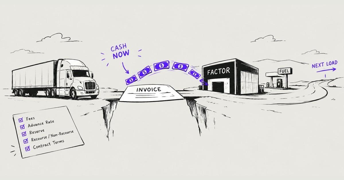 Ink illustration of an invoice forming a bridge across a gap, cash crossing it to a factoring company and on to fuel and the next load, beside a checklist of fees, advance rate, reserve, recourse and contract terms