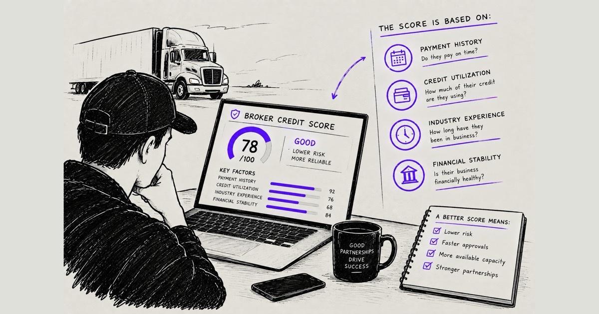 Ink illustration of a carrier reading a broker credit score on a laptop, with the factors behind it listed alongside: payment history, credit utilisation, industry experience and financial stability