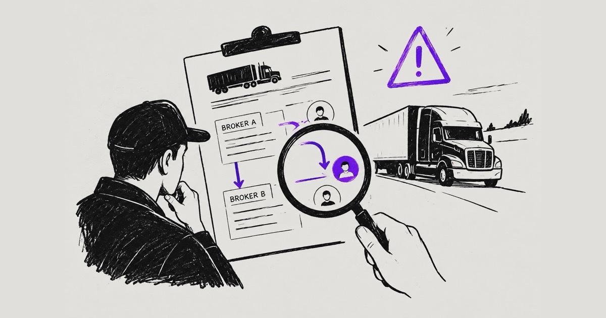 Ink illustration of a carrier studying a clipboard where a load passes from Broker A down to Broker B, a magnifying glass revealing a third party in the chain, with a warning symbol and a trailer on the road