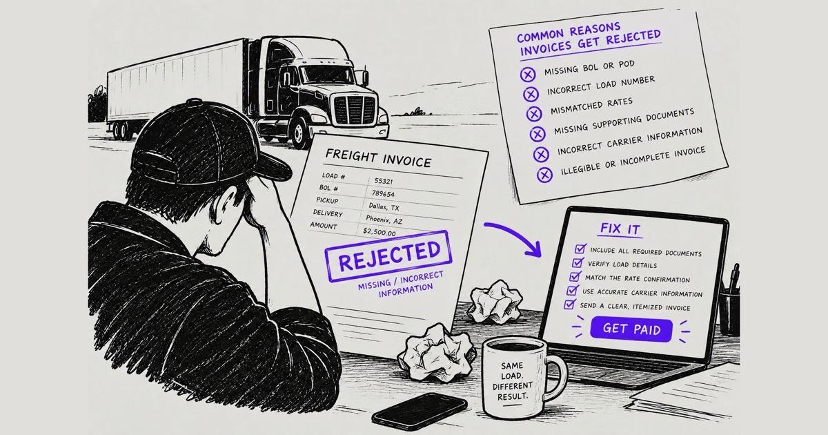 Ink illustration of a carrier holding a freight invoice stamped rejected for missing information, beside a list of common rejection reasons and a checklist of fixes